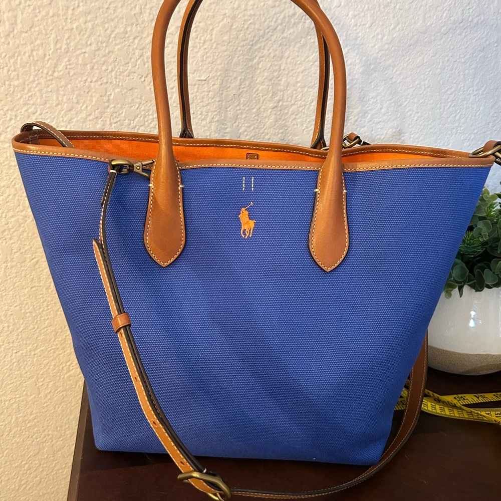 Ralph Lauren Blue and Orange Bellport canvas tote with  Crossbody strap